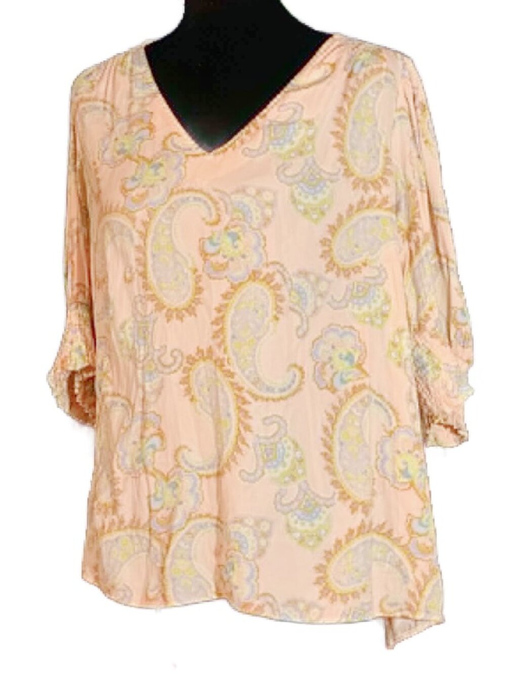 Sigrid Olsen Silk-Like Paisley Blouse Size Large Peach Boho 3/4 Sleeve Tunic